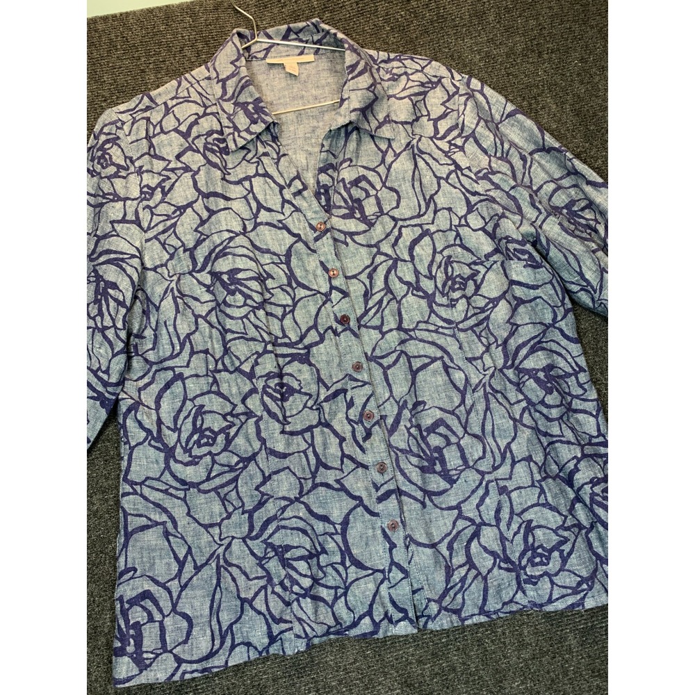Linen Shirt Jacket 16 XL Blue Floral Rose Coastal Boho Natural Fiber Modest